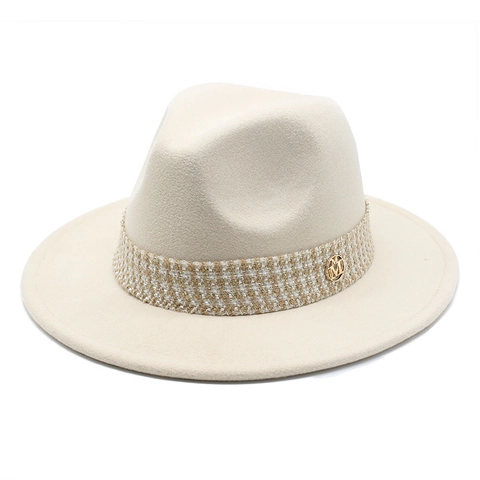 Fedora Hut Damen Wollfilz Breite Flache Krempe Vintage Jazz Kappe Mit Gewebtem Band Metall M Abzeichen Eleganter Britischer Stil