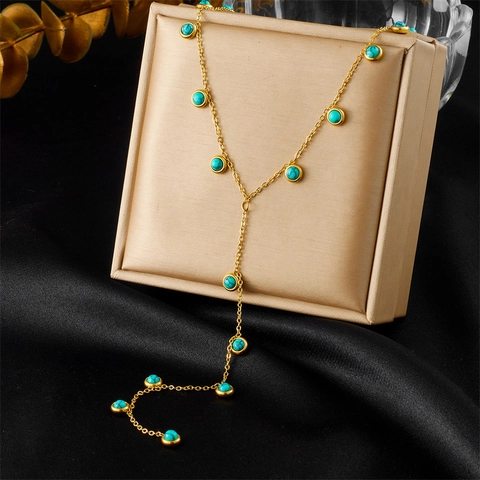 Stainless Steel Y Shape Necklace With Round Turquoise Beads Lariat Tassel Chain Fashion Jewelry For Women Minimalist