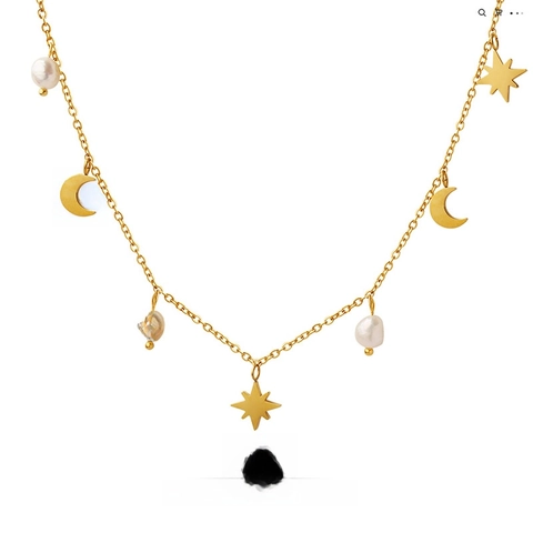 Collar Con Colgante De Estrella Y Luna De Acero Inoxidable Con Perla De Agua Dulce Cadena De Clavícula Para Mujer Joyería Elegante