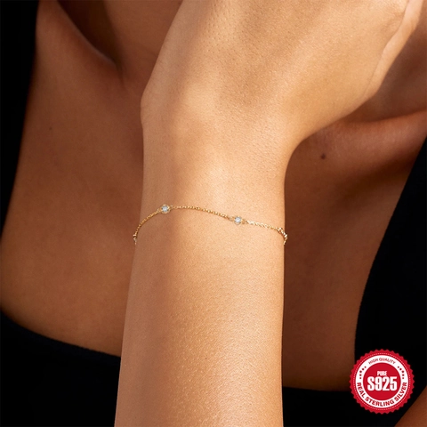 Pulsera Minimalista Clásica de Plata de Ley S925 Piedras de Zirconia Redondas Joyería Chapada en Oro Plata Mujer