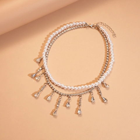 Layered Necklace With Imitation Artificial Pearl And Zircon Water Drop Pendant Rhinestone Clavicle Chain For Women