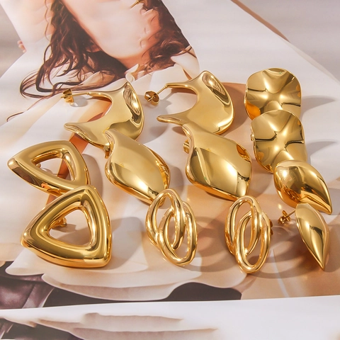 Modern Minimalist 18K Gold Plated Stainless Steel Geometric Earrings For Women Geometric Teardrop Triangle Hoop Stud Earrings