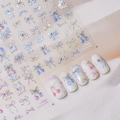 Pegatinas De Arte De Uñas Con Diamantes De Cristal 3D Laser Holográfico Lazo Azul Cereza Estrella Conejo Para Mujeres