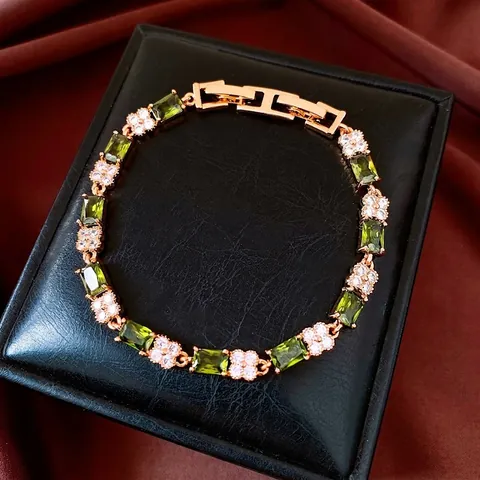 Vintage Luxury Green Zircon Link Bracelet Copper Real Gold Plated Geometric Square Emerald Style Elegant Jewelry Women