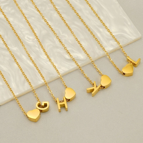 Stainless Steel Necklace 18K Gold Plated Heart And Initial Letter Pendant Minimalist Dainty Jewelry For Women