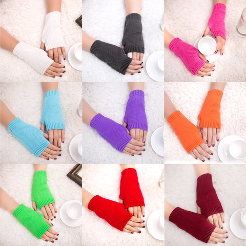 Fingerless Gloves Knitted Acrylic Half Finger Warm Winter Candy Color Solid Women Office Typing