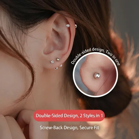 Claw Set Zircon Stud Earrings Round Threaded Ball Screw Back Cartilage Piercing Minimalist Fashion Jewelry For Women