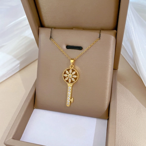 Collana Pendente Chiave Acciaio Inossidabile Rame Zirconia Fiore Stellato Strass Elegante Lusso Gioielli Per Donna