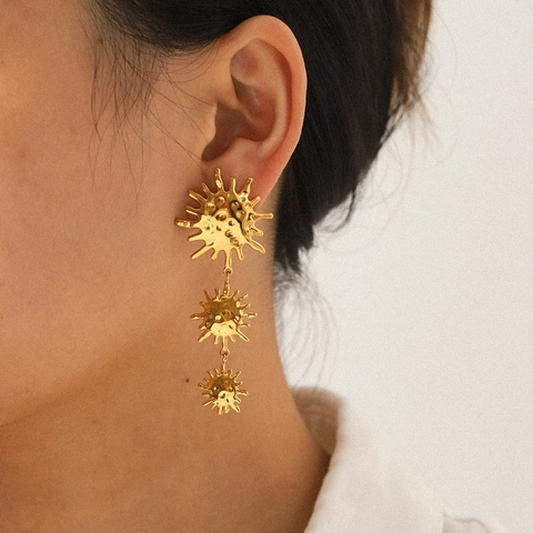 Sun Pendant Earrings 18K Gold Plated Stainless Steel Hammered Texture Triple Graduated Drop Long Dangle Luxury Jewelry Women