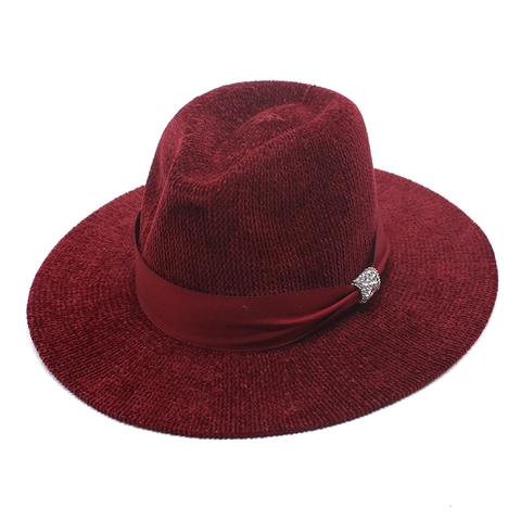 Fedora Hat Chenille Wide Brim Vintage Jazz Style With Rhinestone Buckle Belt Decoration Warm Autumn Winter For Men Women