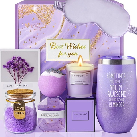 Women Spa Gift Basket With Insulated Tumbler Scented Candle Handmade Soap Eye Mask Bath Salts For Mothers Day Birthday