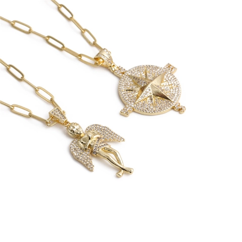 Collier Pendentif Ange Boussole Hip Hop Cuivre Plaqué Or Micro Incrusté Zircon Bijoux Hommes
