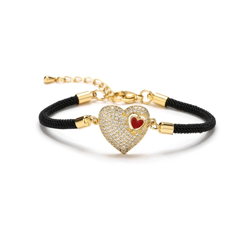 Heart Bracelet Copper Micro Pave Zircon Red Enamel Adjustable Rope Metal Chain Romantic Fashion Jewelry