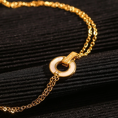 Double Layer Stainless Steel Bracelet With Mother Of Artificial Pearl Round Pendant Rhinestone Engraved For Women Gold Plated
