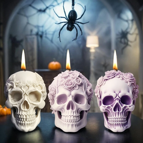 Skull Rose Flower Silicone Mold For DIY Candle Plaster Aromatherapy Gothic Halloween Decor Handmade