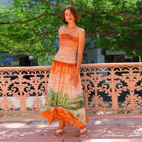 Vestito Lungo Senza Spalline Donna Stampa Paesaggio Sfumato Pieghettato Vita Alta Sexy Boho Abito Da Spiaggia Estivo