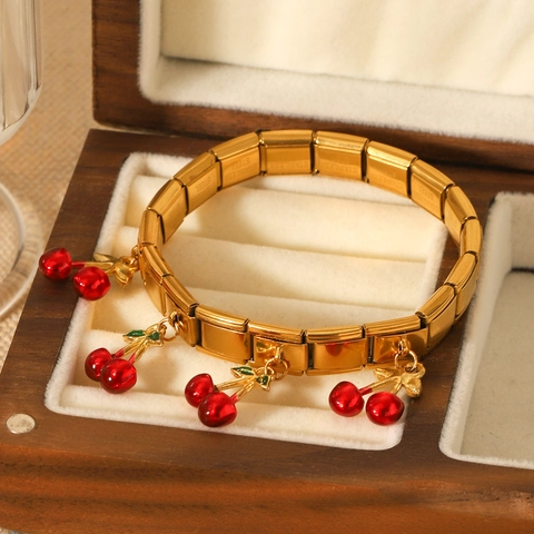 Bracciale Charm Italiano Acciaio Inossidabile Oro Ciondoli Ciliegia Smalto Modulare Elastico Moda Gioielli Donna
