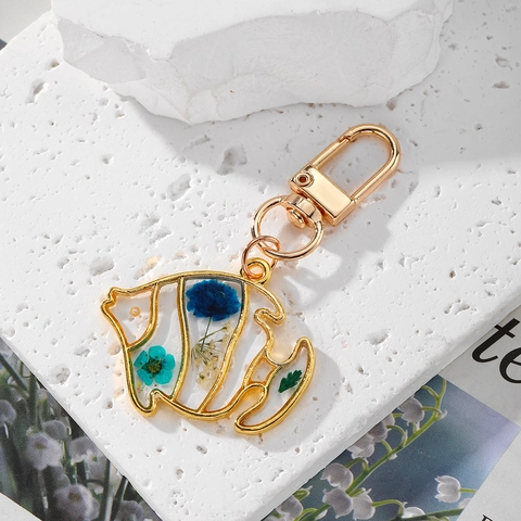Porte-Clés En Résine Avec Véritable Fleur Séchée Papillon Queue De Poisson Pendentif De Sac Style Doux Coréen