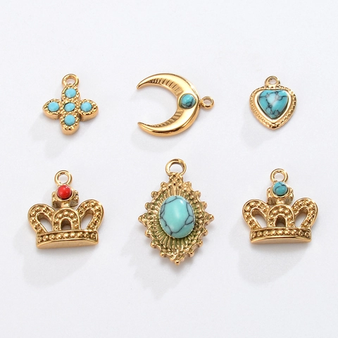 Ciondoli Pendenti Acciaio Inossidabile Pietra Naturale Turchese Cuore Corona Luna Vintage Stile Corte Francese DIY