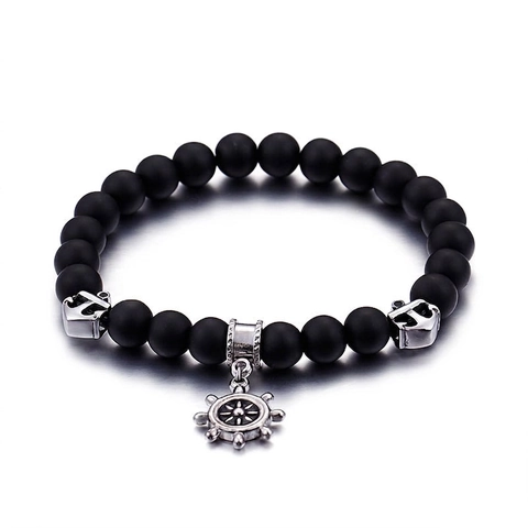 Men Beaded Bracelet With Stainless Steel Anchor Helm Charms Matte Black Agate Stone Nautical Sailor Style Retro