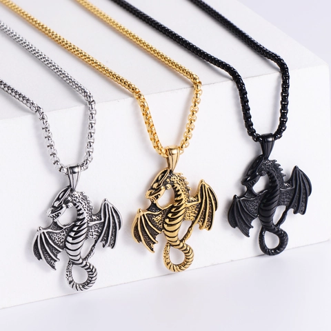 Dragon Pendant Necklace 316 Stainless Steel Fire Breathing Flying Wing Punk Retro Gothic Jewelry For Men Women