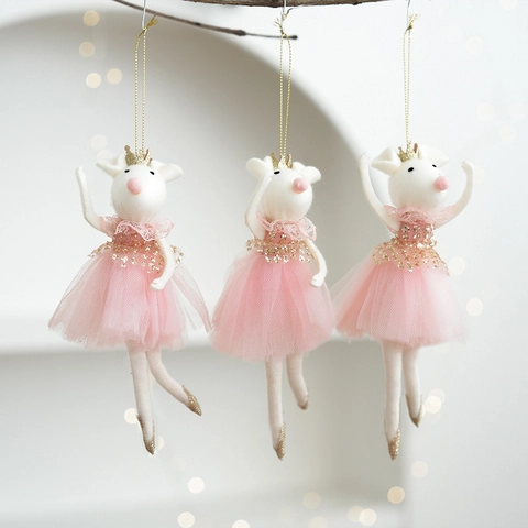Ornamento Appeso Natale Topo Ballerina Feltro Peluche Gonna Tutù Rosa Corona Dorata Paillettes Decorazione Albero