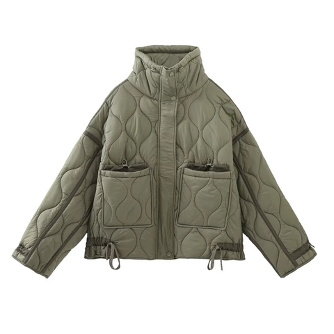 Women Casual Quilted Padded Jacket Loose Fit Stand Collar Solid Color Windproof Winter Coat With Pockets