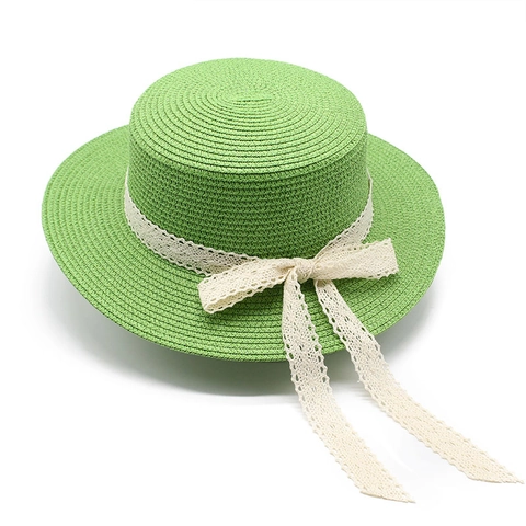 Women Boater Hat Paper Straw Sun Protection Summer Beach Wide Flat Brim Lace Bow French Elegant Style Breathable