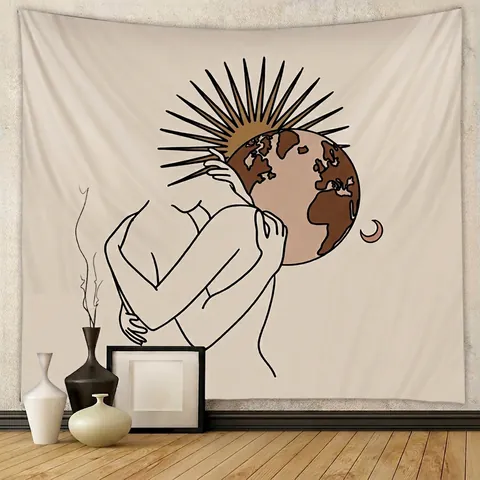 Minimalistische Lijntekening Wandtapijt Polyester Stof Mens Die De Aarde Omhelst Zon Maan Boheemse Kamer Decor