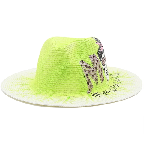 Cappello Fedora Di Paglia Da Donna Giallo Neon Protezione Solare Spiaggia Vacanza Motivo Teschio Leopardo Mamma