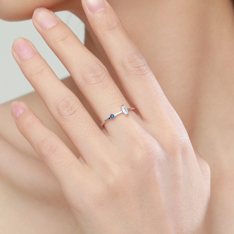 925 Sterling Silber Offener Ring Damen Marquise Zirkonia Blauer Stein Asymmetrisch Minimalistisch Verstellbarer Schmuck