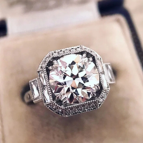 Anillo Vintage Circonita Corte Redondo Para Mujer Cobre Plata Antigua Chapado Halo Boda Lujo Retro Novia Accesorio