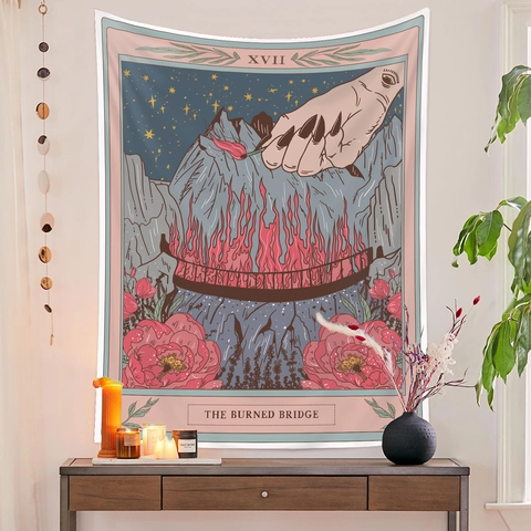 Tarot Card Tapestry The Burned Bridge XVII Polyester Wall Hanging Bohemian Mysterious Retro Home Decor Bedroom Living Room