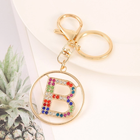 Llavero de Aleación con Diamantes de Imitación Alfabeto Inglés Colgante Redondo de Colores para Decoración de Bolsos Regalo