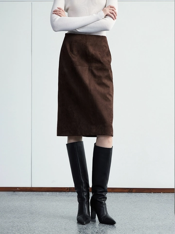 Suede Midi Skirt High Waist Straight Split Hem Elegant Office Commute Minimalist Slimming Bottoms