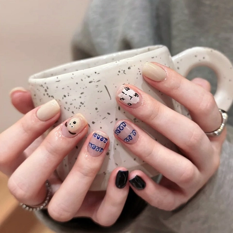 Press On Nails Cute Cartoon Puppy Blue Wave Pattern Sweet Short Square False Nails For Women Daily Wear