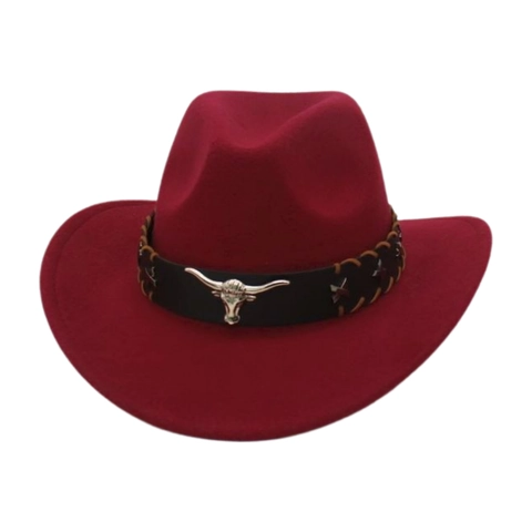 Western Cowboy Hat Faux Suede Wool Felt Bull Head Metal Decor Retro Vintage Outdoor Wide Brim