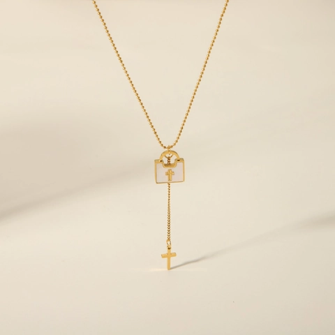 Kreuz Quadrat Schloss Anhänger Halskette 18K Vergoldet Edelstahl Muschel Perlenkette Damen Modeschmuck Accessoire
