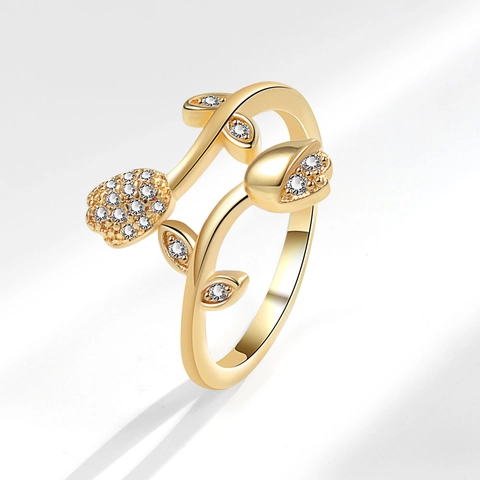 Anillo Ajustable Abierto De Flor De Tulipán Y Hoja De Cobre Con Circón Joyería Romántica Elegante Para Mujer