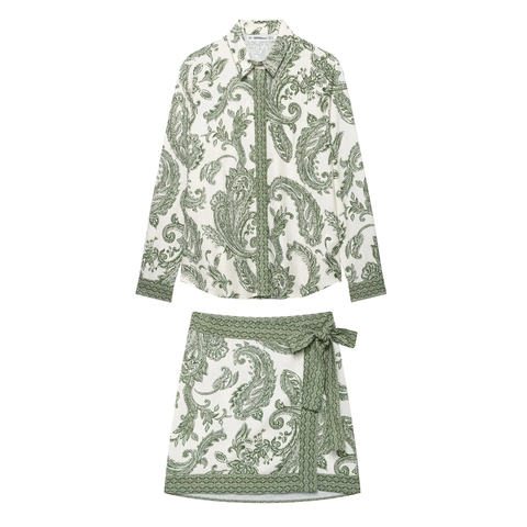 Paisley Printed Long Sleeve Shirt And Wrap Mini Skirt Woven Polyester Outfit For Women Vintage Bohemian Style Streetwear