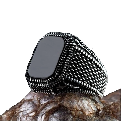 Anillo Da Sigillo Vintage Da Uomo In Lega Pietra Di Agata Nera Quadrata Fascia Incisa Strutturata Gioielli Punk Retro Accessorio