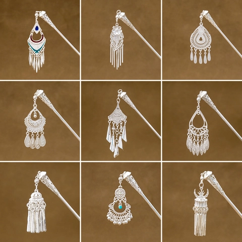 Bastoncino Per Capelli Vintage Stile Cinese Lega Colore Argento Filigrana Traforata Nappa Lunga Pendente Farfalla Accessori