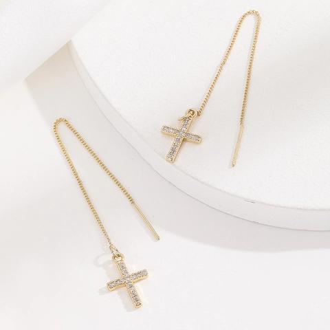 Elegant Cross Threader Earrings Copper Gold Plated Micro-inlaid Zirconia Long Chain Minimalist Jewelry Gift For Women