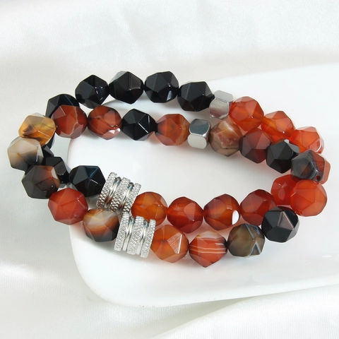 Faceted Natural Stone Beaded Bracelet With Stainless Steel Accents Elastic Agate Tiger Eye Jewelry For Men Women