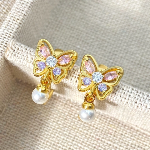 Orecchini A Pendente Farfalla Ottone Zircone Colorato Perla Artificial Bianca Placcato Oro Stile Dolce Lusso Gioielli Donna