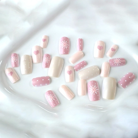 Press On Nails Matte Pink Heart Snowflake Embossed Sweet Cute Medium Square Fake Nails With Jelly Glue And File
