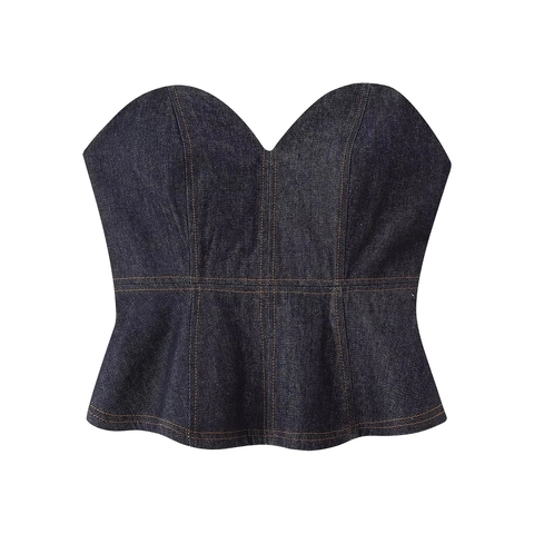 Blazer In Denim Da Donna Top Corsetto E Pantaloni Larghi Blu Scuro Completo Moda Casual Retrò
