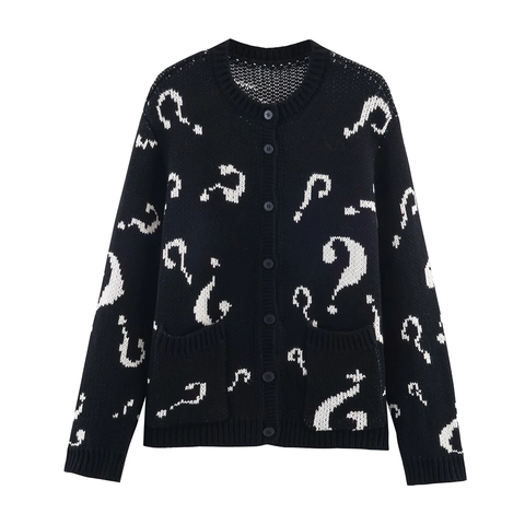 Women Knit Cardigan Sweater Round Neck Long Sleeve Button Down With Pockets Question Mark Jacquard Black And White Trendy