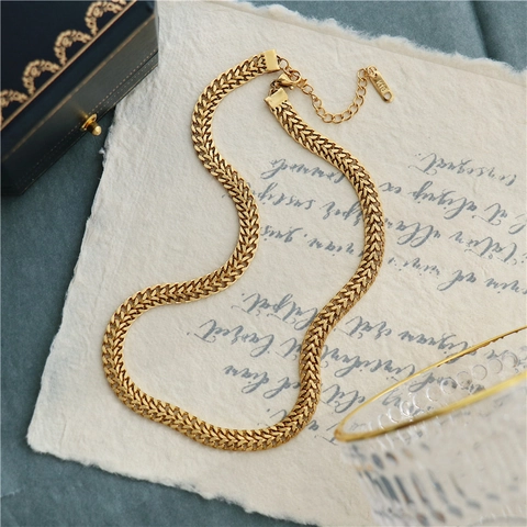 Collana A Catena A Spina Di Pesce Piatta Minimalista Vintage Placcata Oro 18K Acciaio Inossidabile Girocollo Da Donna