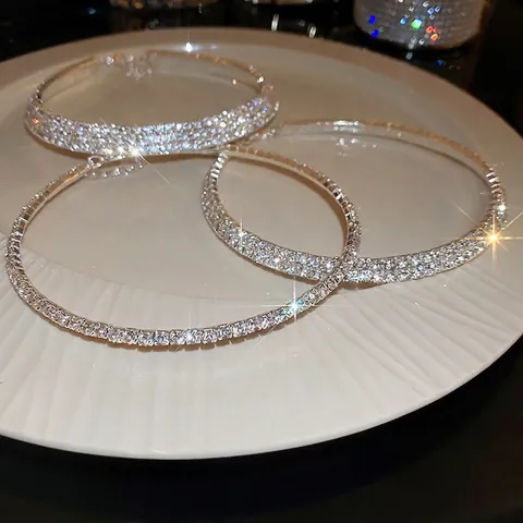 Elegant Rhinestone Choker Necklace For Women French Retro Light Luxury Sparkling Alloy Tennis Collar Jewelry Silver Tone